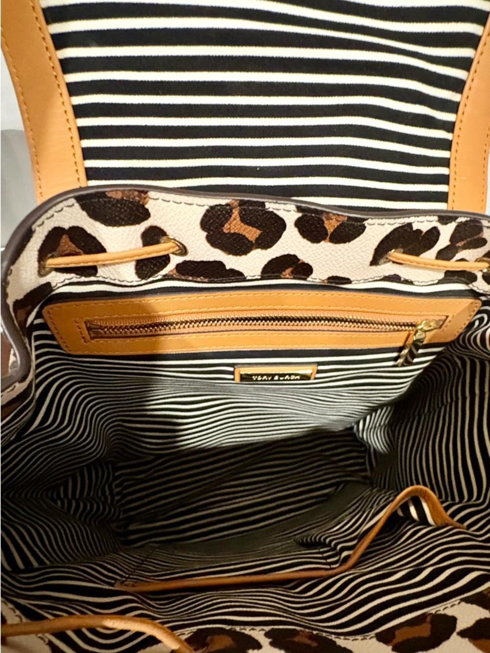 Tory Burch Leopard Print Drawstring Backpack with Tan Trim - Picture 6 of 7